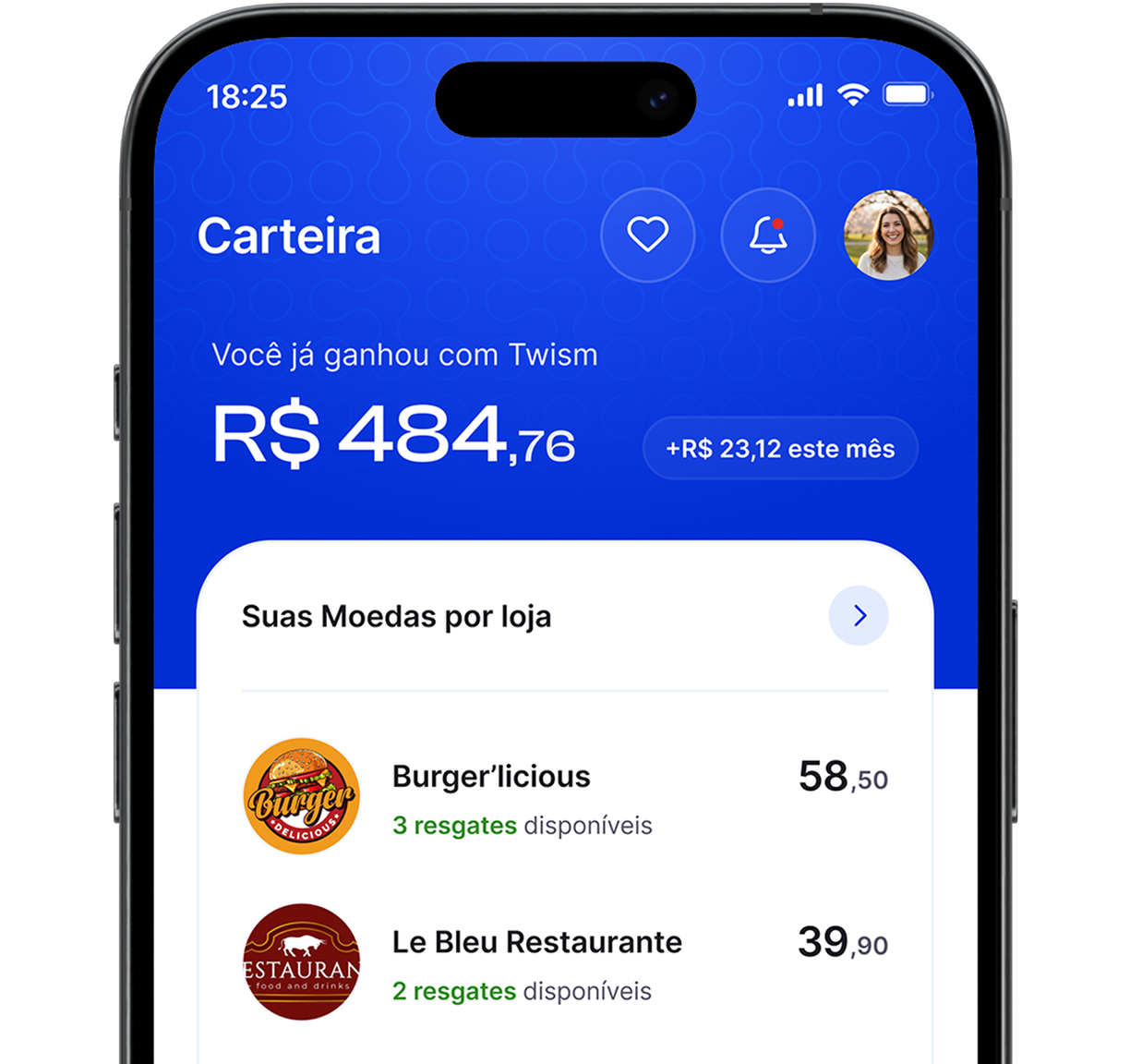 Tela Carteira do app Twism, mostrando um saldo de R$ 484,76 e as moedas
                  acumuladas em Burger'licious, Le Bleu Restaurante e Barbecue Time.